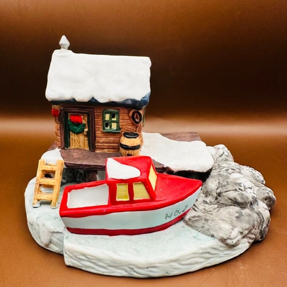 Vintage1996 Victorian Village Old Towne Boat House Porcelain Figurine